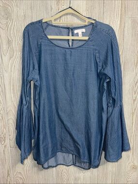 LC Lauren Conrad Blue Denim-Look Bell Sleeve Top